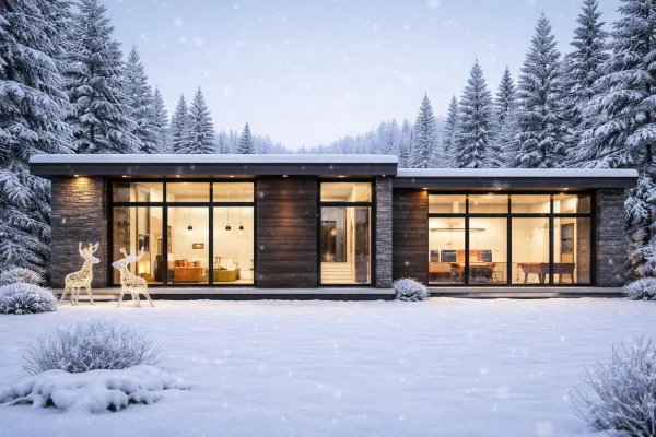Cozy modern house in winter forestry