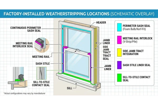Weatherstripping applied to the hung window