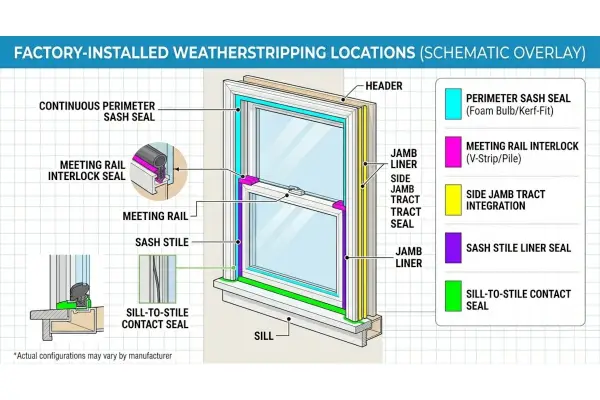 Weatherstripping applied to the hung window