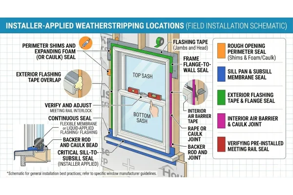 Weatherstripping applied to the hung window during installation