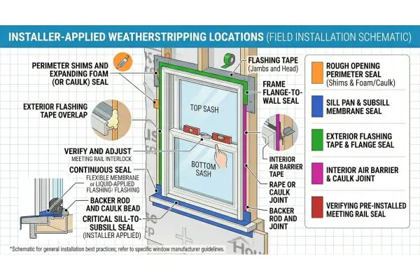 Weatherstripping applied to the hung window during installation